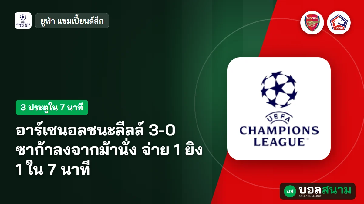 อาร์เซนอลชนะลีลล์ 3-0 ซาก้าลงจากม้านั่ง จ่าย 1 ยิง 1 ใน 7 นาที