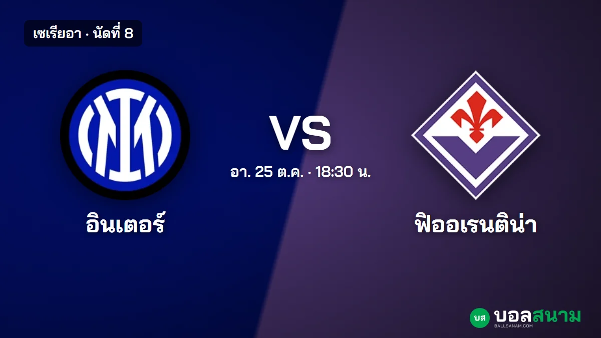 ภาพประกอบ: อินเตอร์ พบ ฟิออเรนติน่า เซเรียอา นัดที่ 8 เตะกี่โมง ฟอร์มและตารางล่าสุด