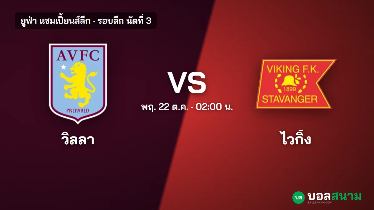 ภาพประกอบ: แอสตัน วิลลา พบ ไวกิ้ง ยูซีแอล นัดที่ 3 เตะกี่โมง ฟอร์ม ตัวขาด