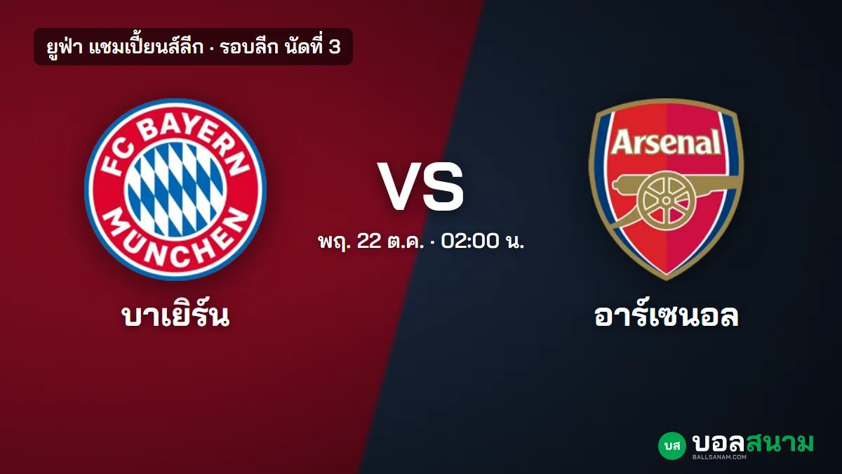 ภาพประกอบ: บาเยิร์น พบ อาร์เซนอล ยูซีแอล นัดที่ 3 เตะกี่โมง ฟอร์ม ตัวขาด