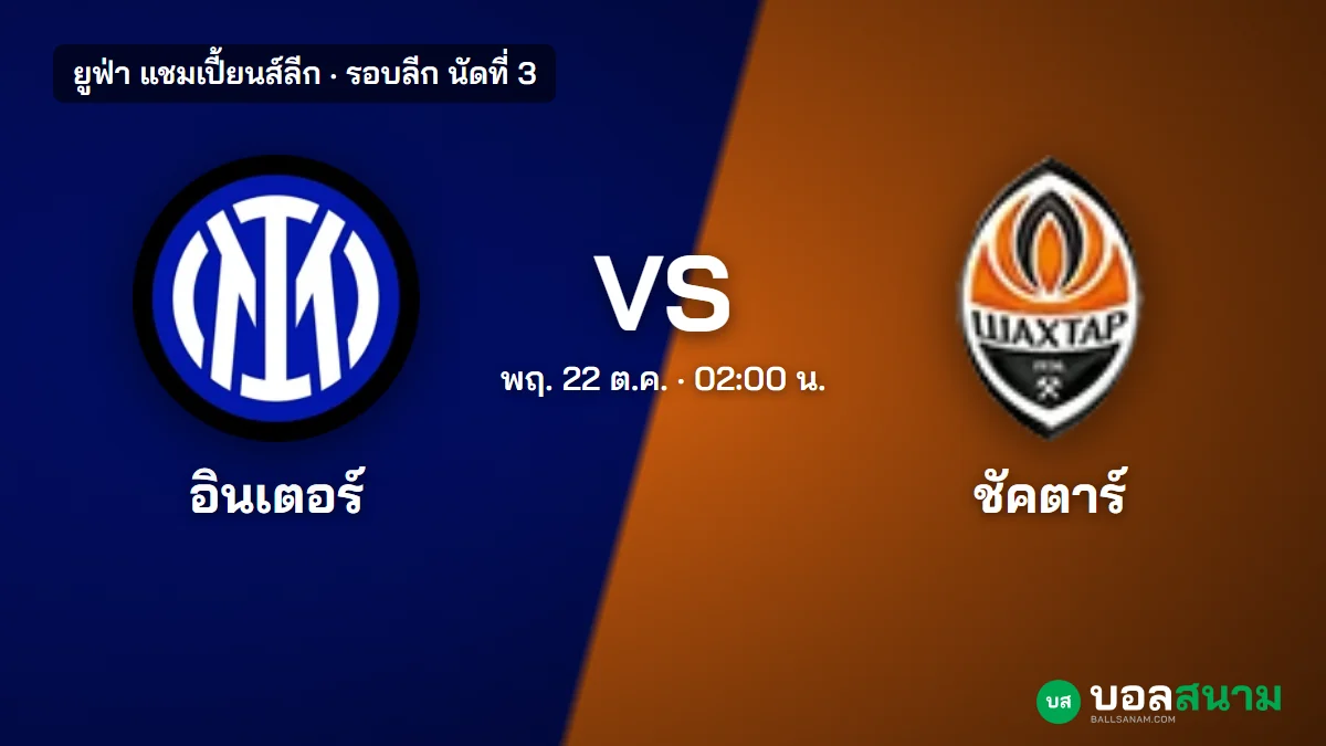 ภาพประกอบ: อินเตอร์ พบ ชัคตาร์ ยูซีแอล นัดที่ 3 เตะกี่โมง อินเตอร์ยังไม่มีแต้ม