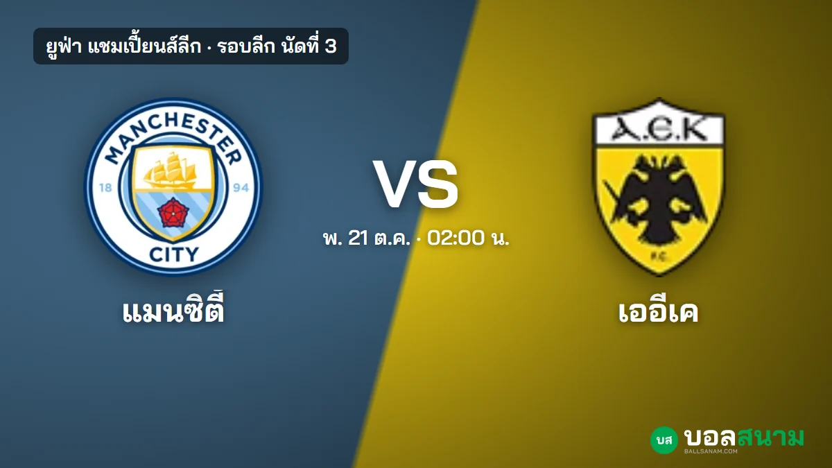 ภาพประกอบ: แมนซิตี้ พบ เออีเค เอเธนส์ แชมเปี้ยนส์ลีก เตะกี่โมง ฮาลันด์ยิง 4 ใน 2 นัด