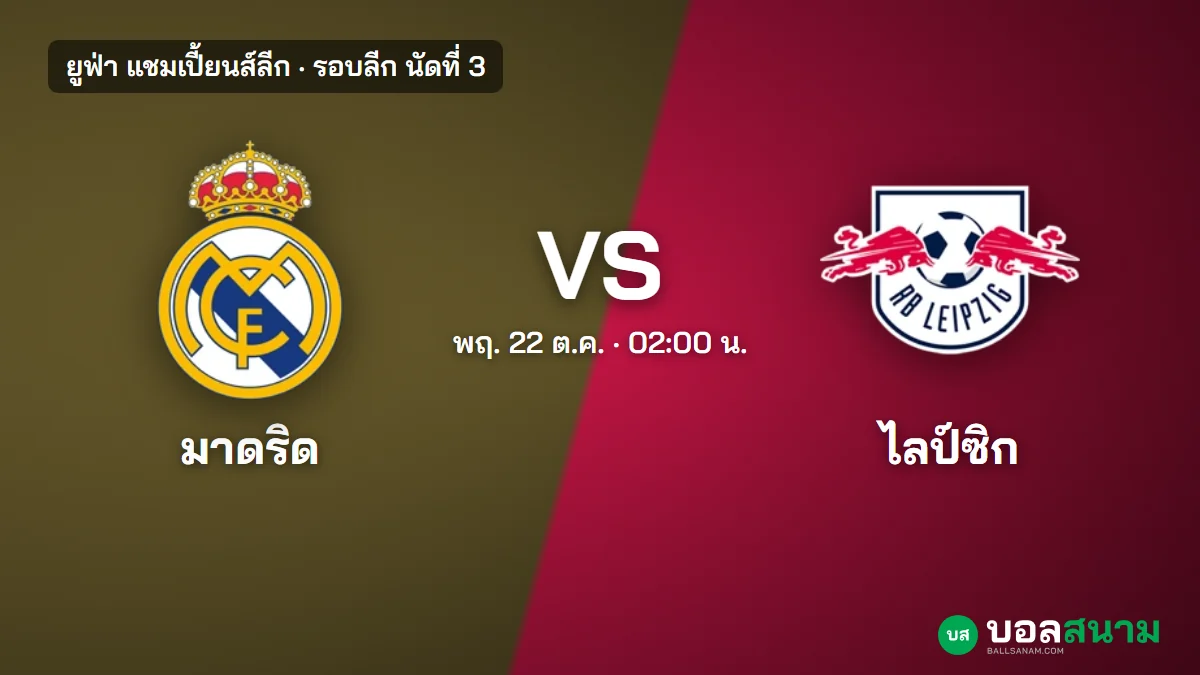ภาพประกอบ: เรอัล มาดริด พบ ไลป์ซิก ยูซีแอล นัดที่ 3 เตะกี่โมง ฟอร์ม ตัวขาด