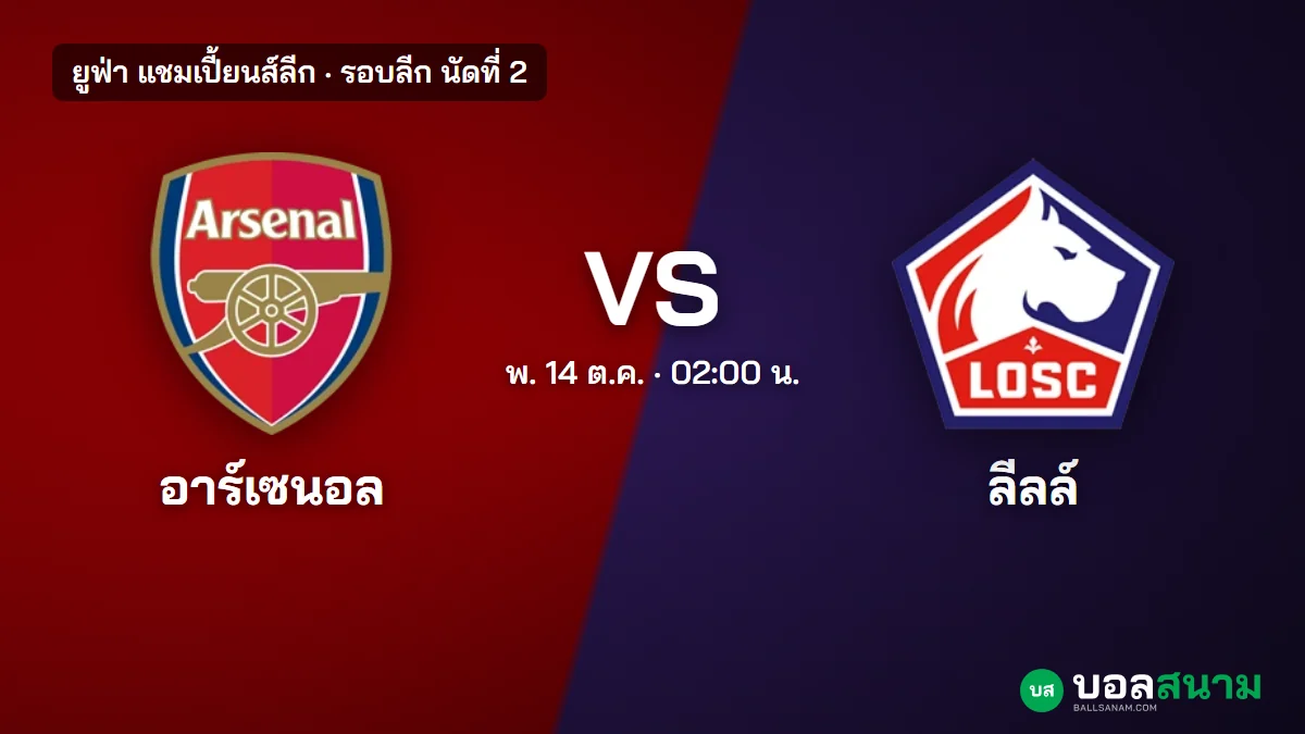 ภาพประกอบ: อาร์เซนอล พบ ลีลล์ แชมเปี้ยนส์ลีก เตะกี่โมง ฟอร์มและตาราง