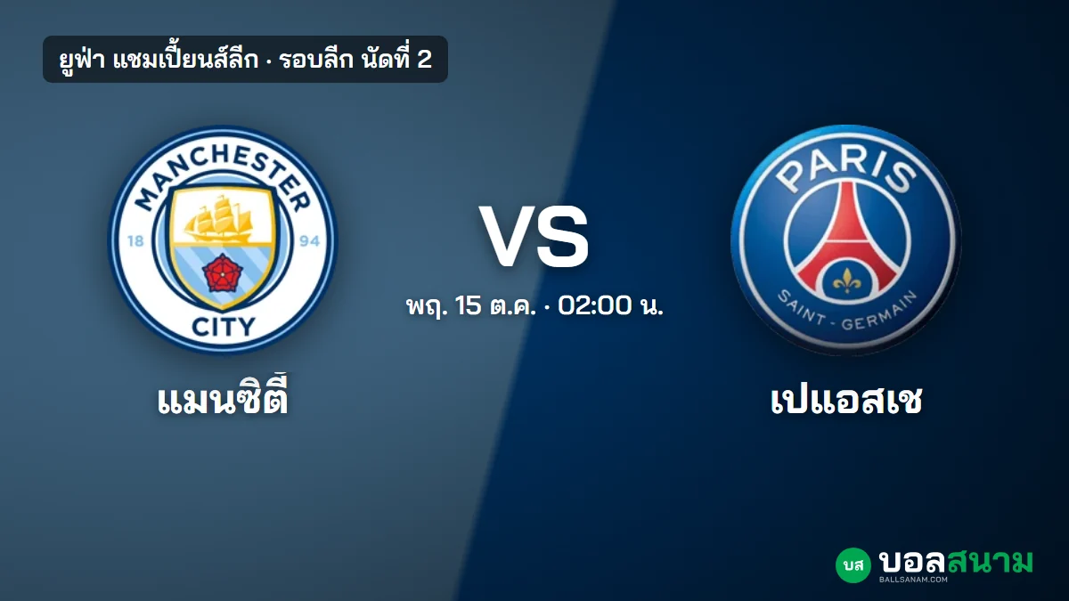 ภาพประกอบ: แมนซิตี้ พบ เปแอสเช แชมเปี้ยนส์ลีก เตะกี่โมง ฟอร์มและตารางล่าสุด