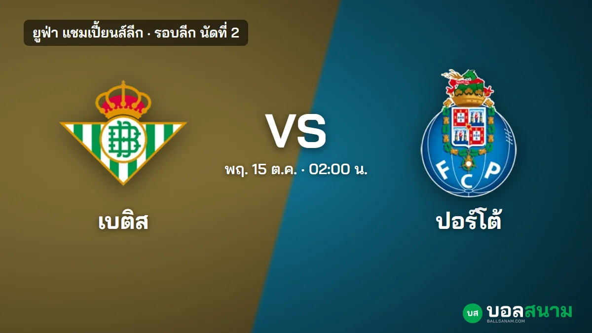 ภาพประกอบ: เรอัล เบติส พบ ปอร์โต้ แชมเปี้ยนส์ลีก เตะกี่โมง ฟอร์มและตารางล่าสุด
