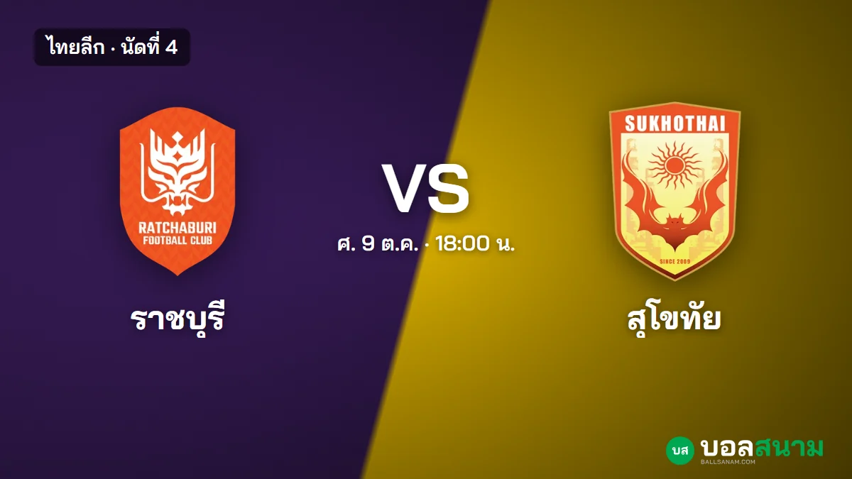 ภาพประกอบ: ราชบุรี พบ สุโขทัย ไทยลีก เตะกี่โมง ฟอร์มและตารางล่าสุด