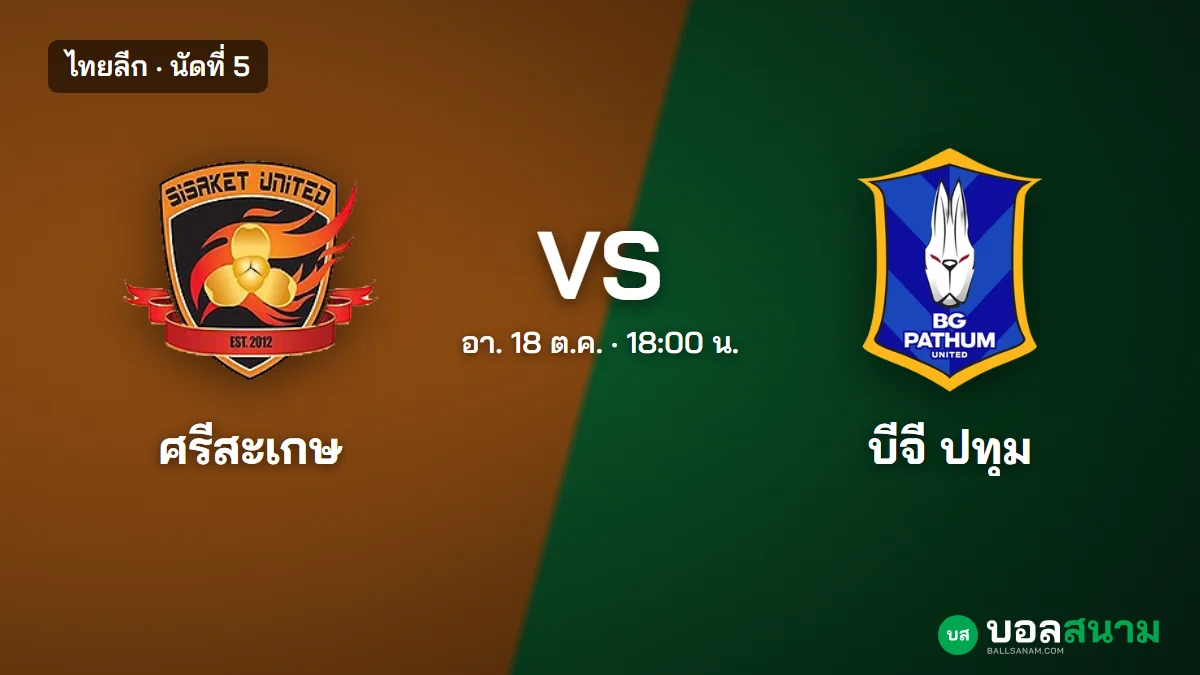 ภาพประกอบ: ศรีสะเกษ พบ บีจี ปทุม ไทยลีก นัดที่ 5 เตะกี่โมง ฟอร์มและตารางล่าสุด