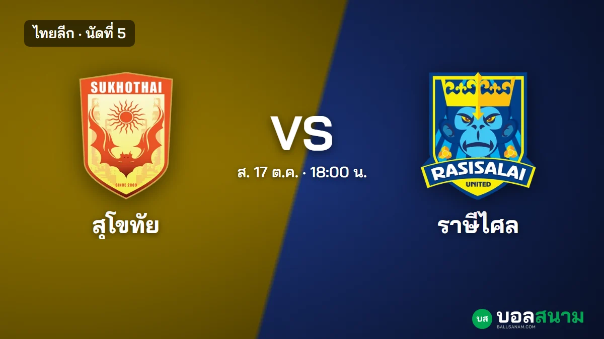 ภาพประกอบ: สุโขทัย พบ ราษีไศล ไทยลีก นัดที่ 5 เตะกี่โมง ฟอร์มและตารางล่าสุด