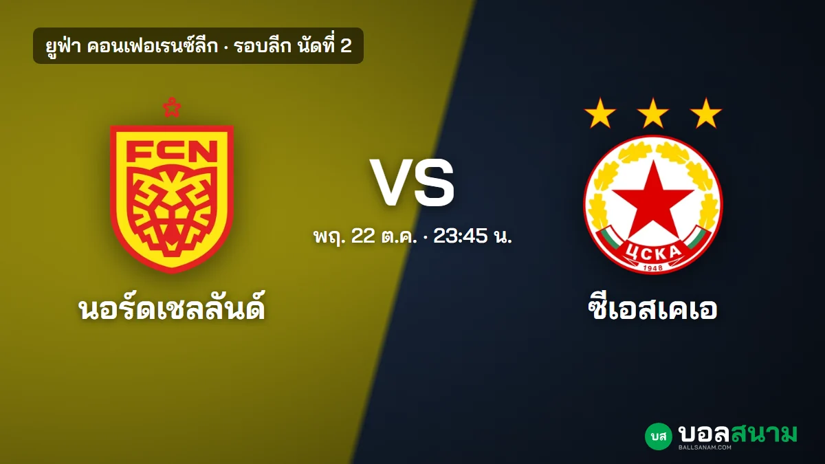 ภาพประกอบ: นอร์ดเชลลันด์ พบ ซีเอสเคเอ โซเฟีย คอนเฟอเรนซ์ลีก เตะกี่โมง แนวโน้มตัวจริง