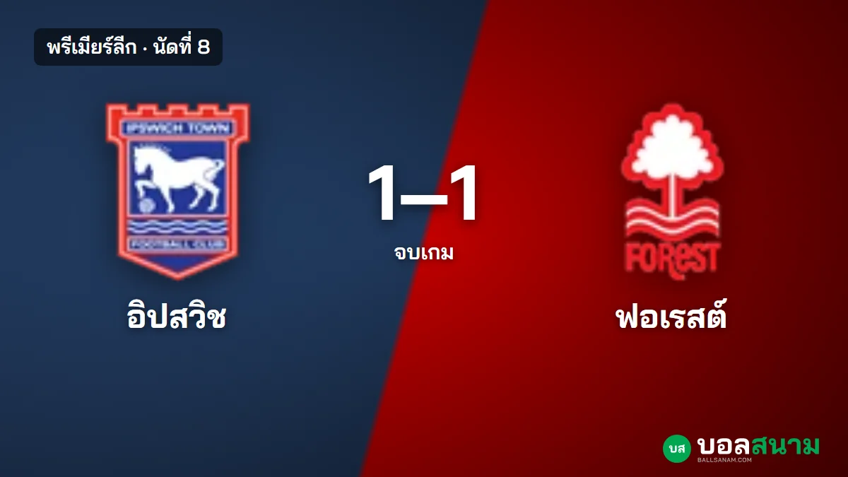 ภาพประกอบ: อิปสวิช 1-1 ฟอเรสต์ ทีมเยือนยิง 17 ครั้งแต่ได้แค่แต้มเดียว
