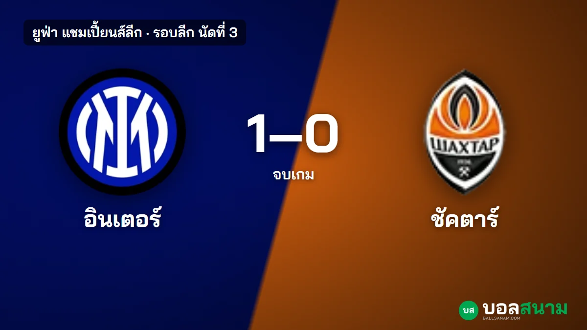 ภาพประกอบ: อินเตอร์ 1-0 ชัคตาร์ ผลบอลแชมเปี้ยนส์ลีก เหลือ 10 คนแต่ได้แต้มแรก