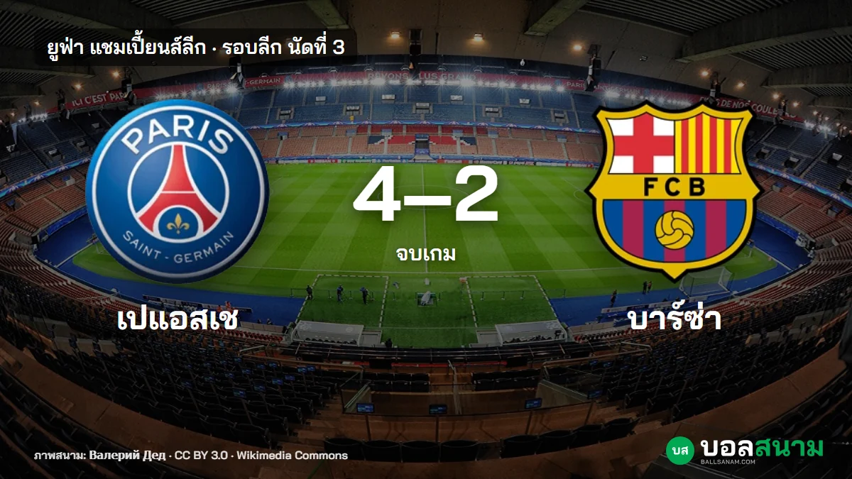 ภาพประกอบ: ปารีส 4-2 บาร์เซโลนา ผลบอลแชมเปี้ยนส์ลีก ยิง 3 ลูกใน 15 นาทีท้าย