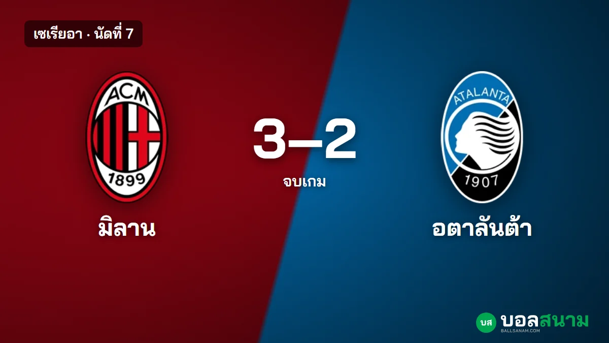 ภาพประกอบ: มิลาน 3-2 อตาลันต้า เซเรียอา นัดที่ 7 ยังไม่แพ้ในลีก ขึ้นอันดับ 4