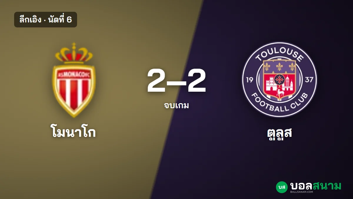 ภาพประกอบ: โมนาโก 2-2 ตูลูส ลีกเอิง นัดที่ 6 นำ 2-0 แล้วโดนตามตีเสมอ
