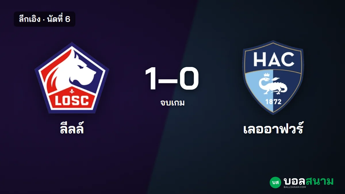 ภาพประกอบ: ลีลล์ 1-0 เลออาฟวร์ ผลบอลลีกเอิง บาควายิงนาที 5 เก็บ 3 แต้ม