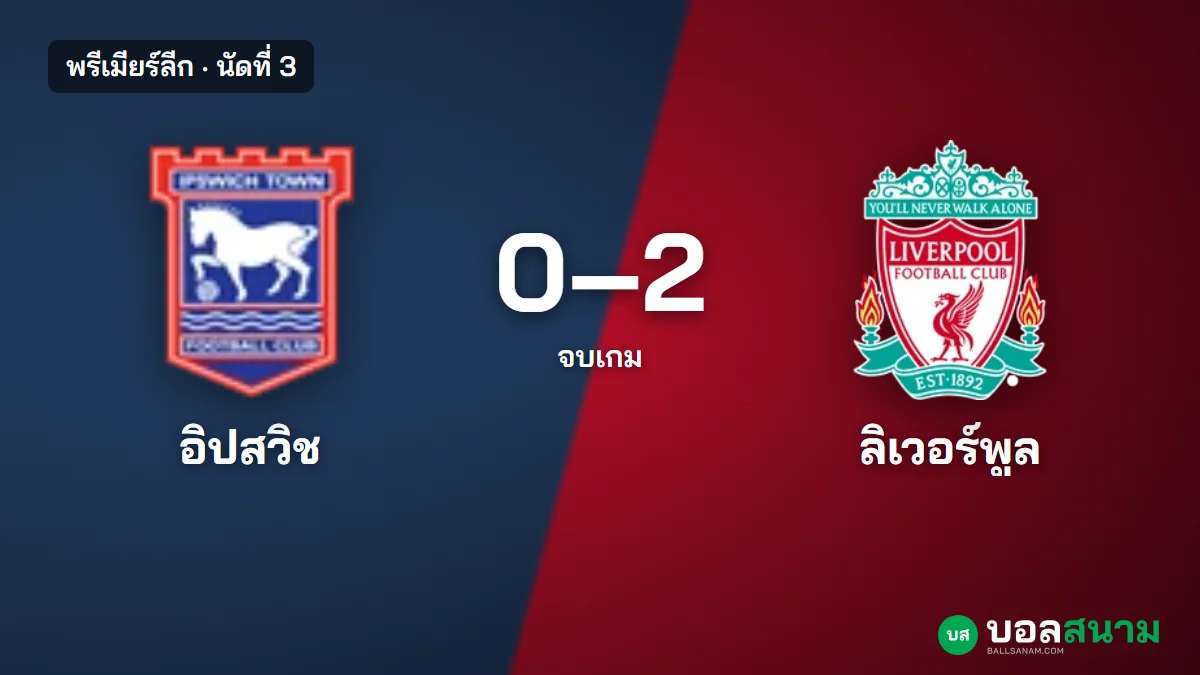 ภาพประกอบ: อิปสวิช 0-2 ลิเวอร์พูล ผลบอลพรีเมียร์ลีก นัดที่ 3