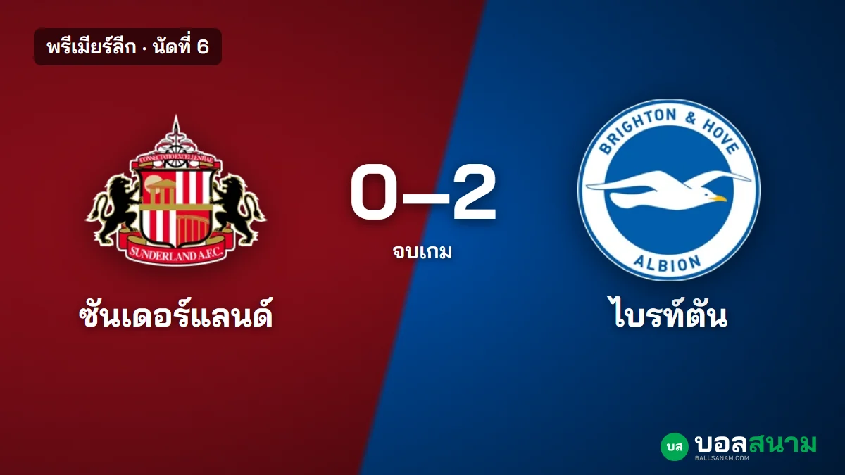 ภาพประกอบ: ซันเดอร์แลนด์ 0-2 ไบรท์ตัน พรีเมียร์ลีก นัดที่ 6 สถิติหลังเกม