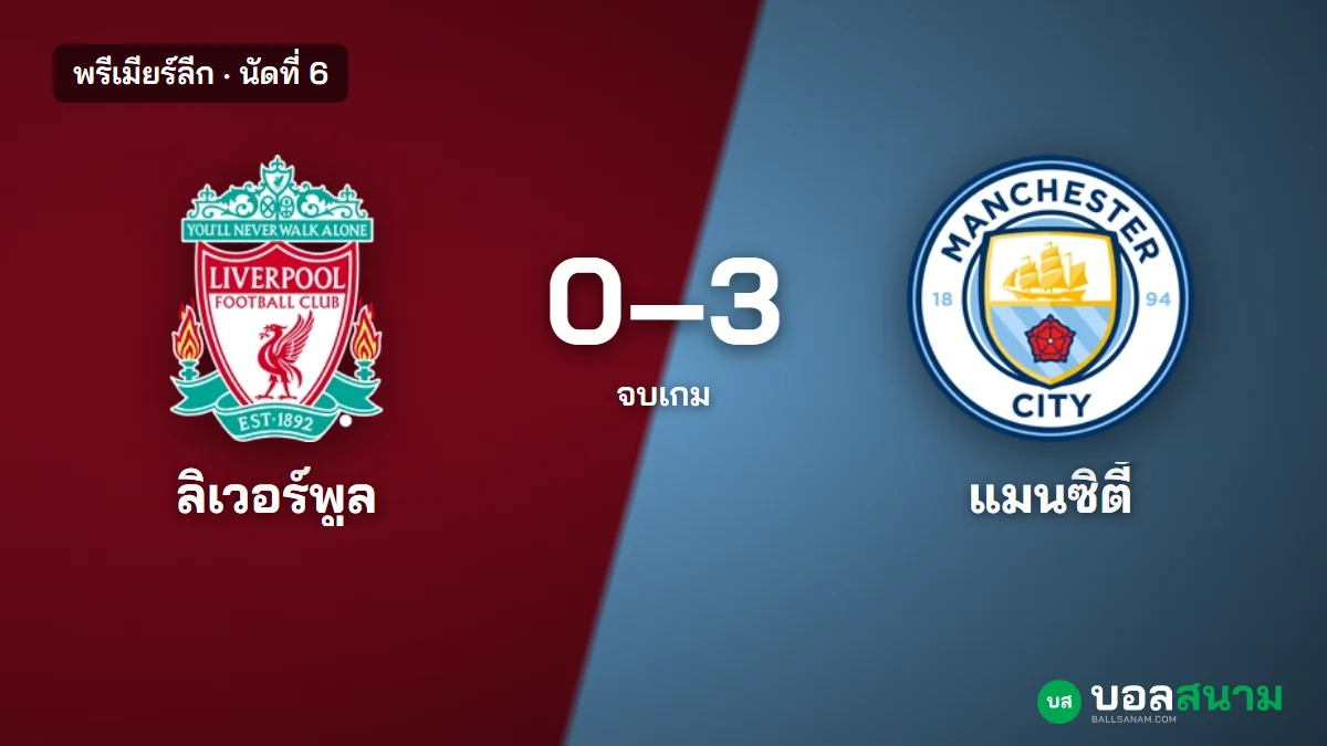 ภาพประกอบ: ลิเวอร์พูล 0-3 แมนซิตี้ พรีเมียร์ลีก นัดที่ 6 สถิติหลังเกม
