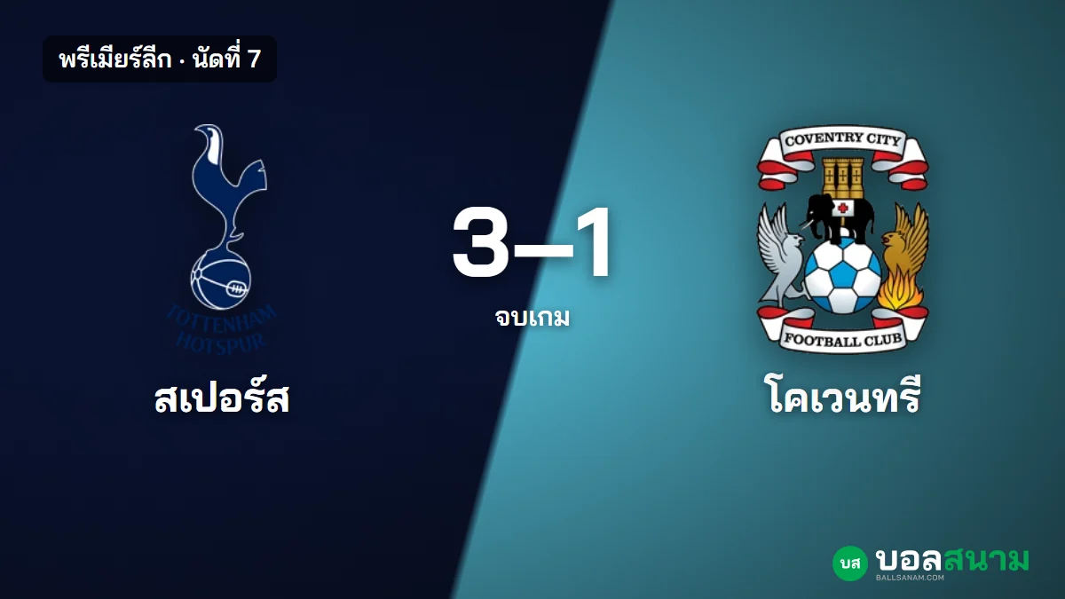 ภาพประกอบ: สเปอร์ส 3-1 โคเวนทรี ผลบอลพรีเมียร์ลีก ชนะนัดแรกของฤดูกาล หลุดบ๊วย