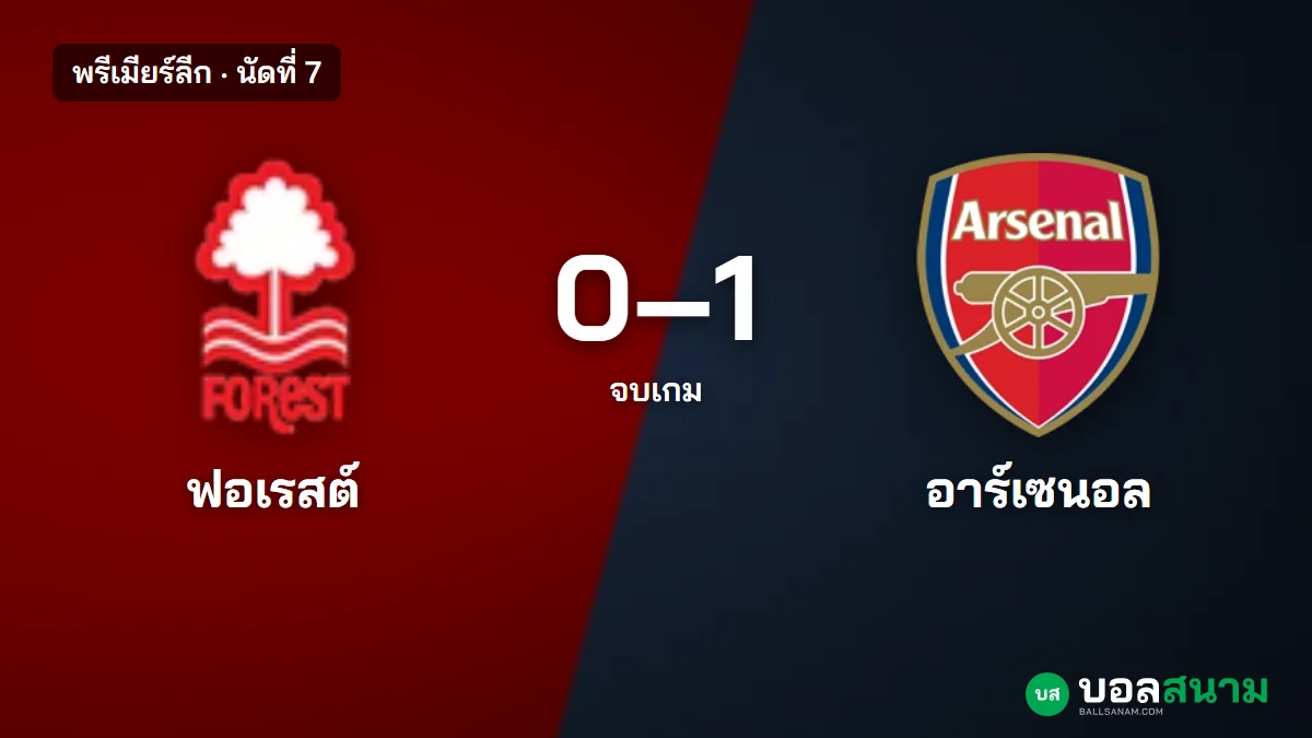 ภาพประกอบ: ฟอเรสต์ 0-1 อาร์เซนอล พรีเมียร์ลีก นัดที่ 7 มาดูเอเก้ตัวสำรองยิงชัย สถิติและตาราง