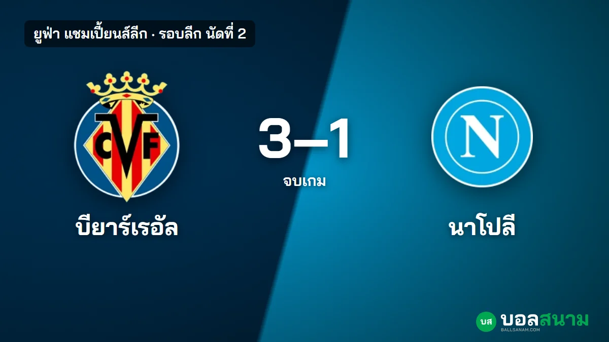 ภาพประกอบ: บียาร์เรอัล 3-1 นาโปลี ผลบอลแชมเปี้ยนส์ลีก พลิกชนะหลังเสียก่อน