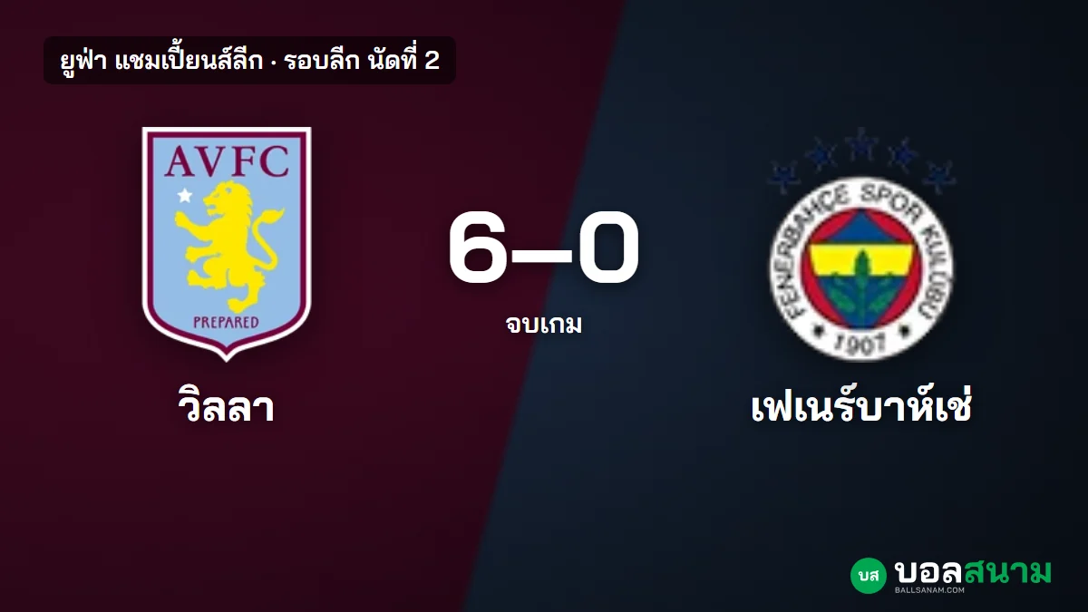 ภาพประกอบ: แอสตัน วิลลา 6-0 เฟเนร์บาห์เช่ ผลบอลแชมเปี้ยนส์ลีก ชนะขาด 6 แต้มเต็ม