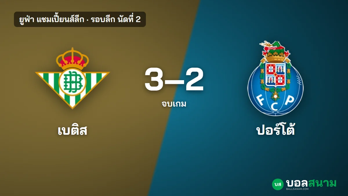 ภาพประกอบ: เบติส 3-2 ปอร์โต้ ผลบอลแชมเปี้ยนส์ลีก อิสโก้จุดโทษชี้ขาด 6 แต้มเต็ม