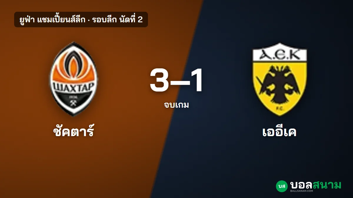 ภาพประกอบ: ชัคตาร์ 3-1 เออีเค เอเธนส์ ผลบอลแชมเปี้ยนส์ลีก แซงชนะได้ 4 แต้ม