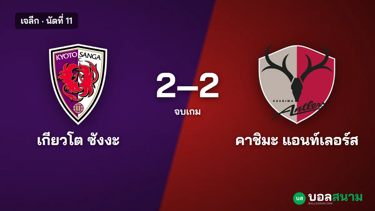 ภาพประกอบ: เกียวโต 2-2 คาชิมะ ผลบอลเจลีก นัดที่ 11 อาราอิยิงเบิ้ล ตีเสมอนาที 90+7