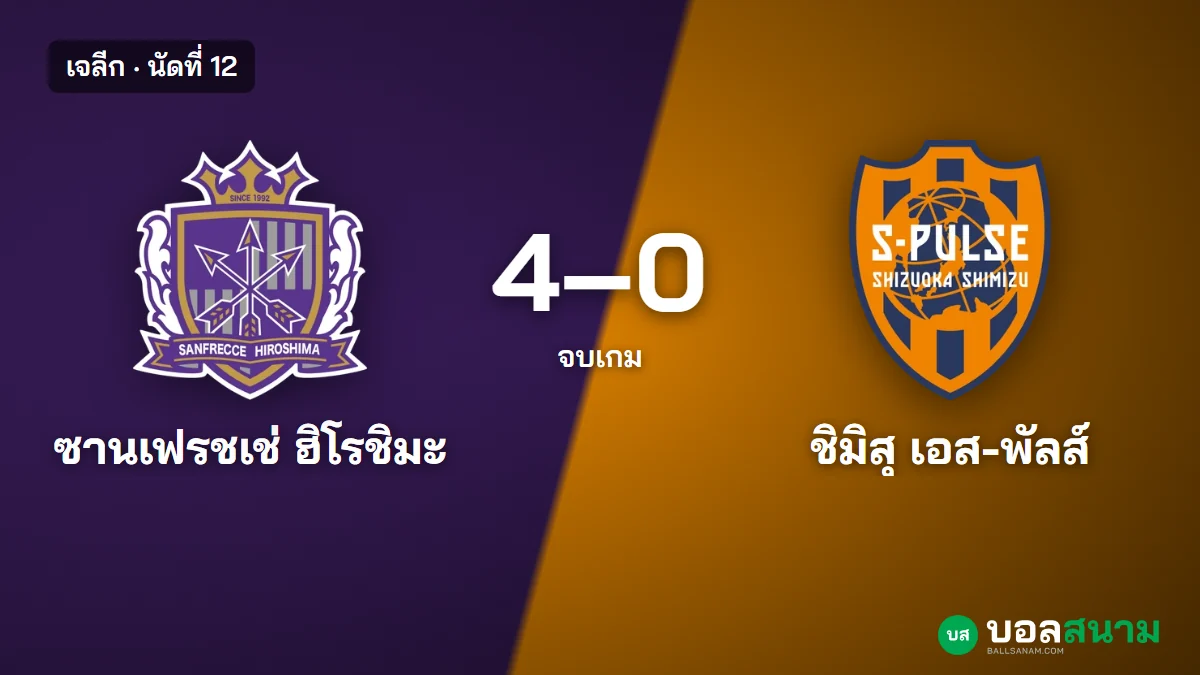 ภาพประกอบ: ฮิโรชิมะ 4-0 ชิมิสุ ผลบอลเจลีก นัดที่ 12 ฮิโรชิมะฟื้นทันที แต้มเท่ามาชิดะ