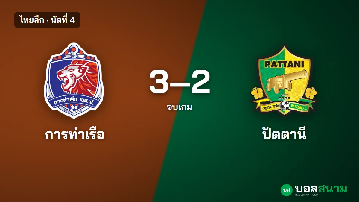 ภาพประกอบ: การท่าเรือ 3-2 ปัตตานี ไทยลีก นัดที่ 4 สถิติหลังเกมและตารางล่าสุด