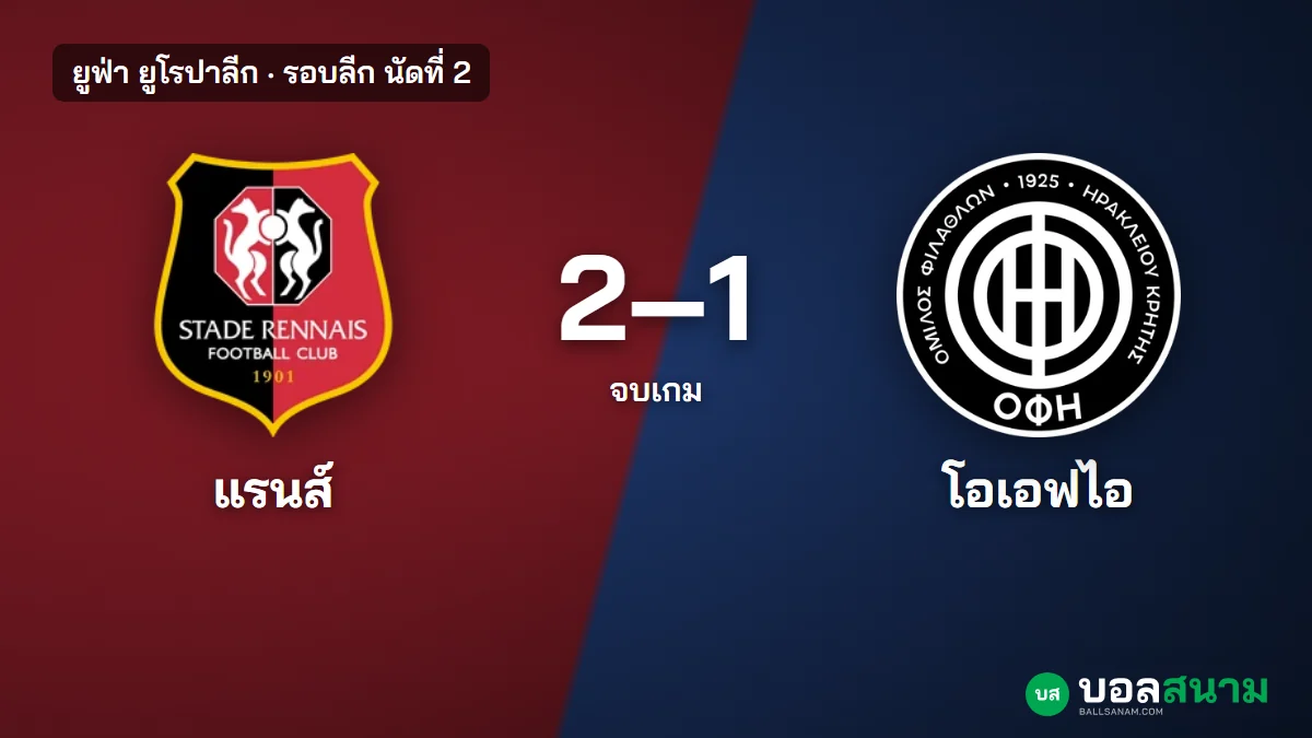 ภาพประกอบ: แรนส์ 2-1 โอเอฟไอ ครีต ผลบอลยูโรปาลีก แรนส์ยิงแซงช่วงท้าย