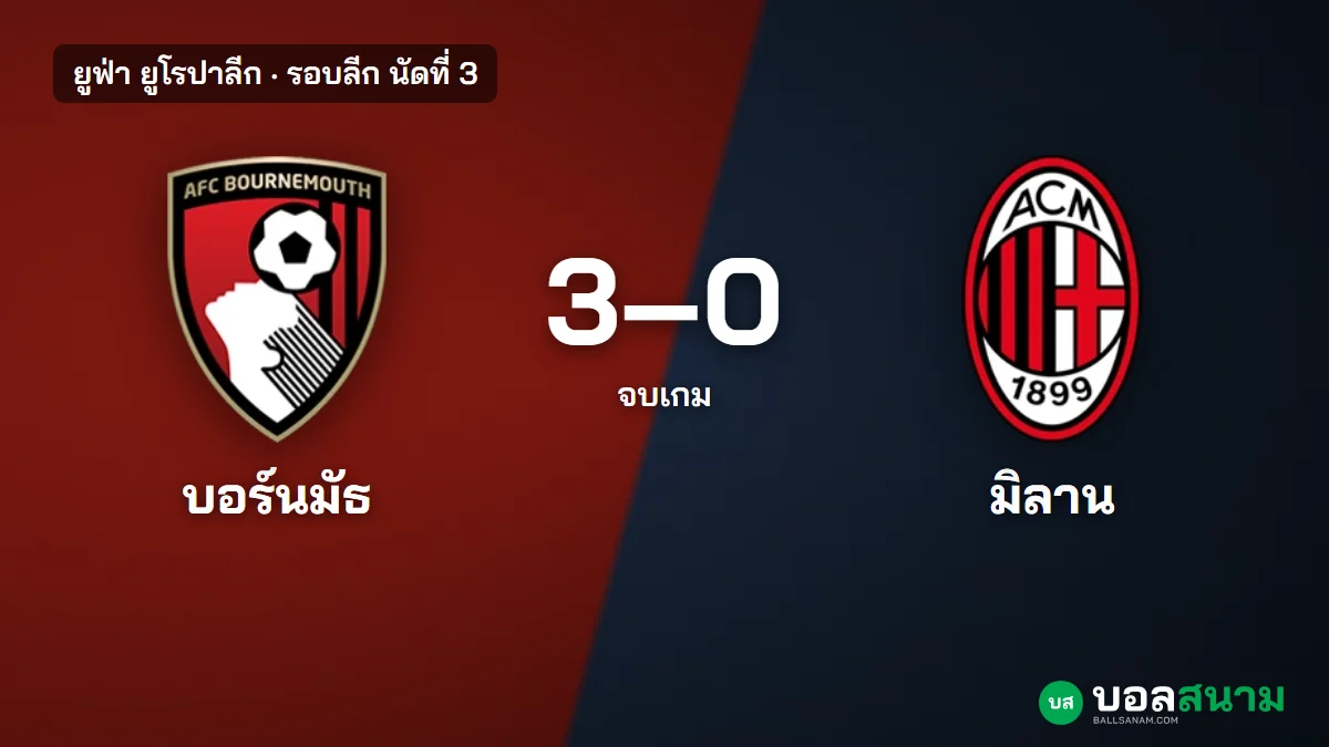 ภาพประกอบ: บอร์นมัธ 3-0 เอซี มิลาน ผลบอลยูโรปาลีก บอร์นมัธชนะ 3 นัดรวด