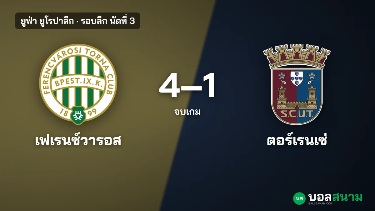 ภาพประกอบ: เฟเรนซ์วารอส 4-1 ตอร์เรนเซ่ ผลบอลยูโรปาลีก ชนะครบ 3 นัด 9 แต้ม
