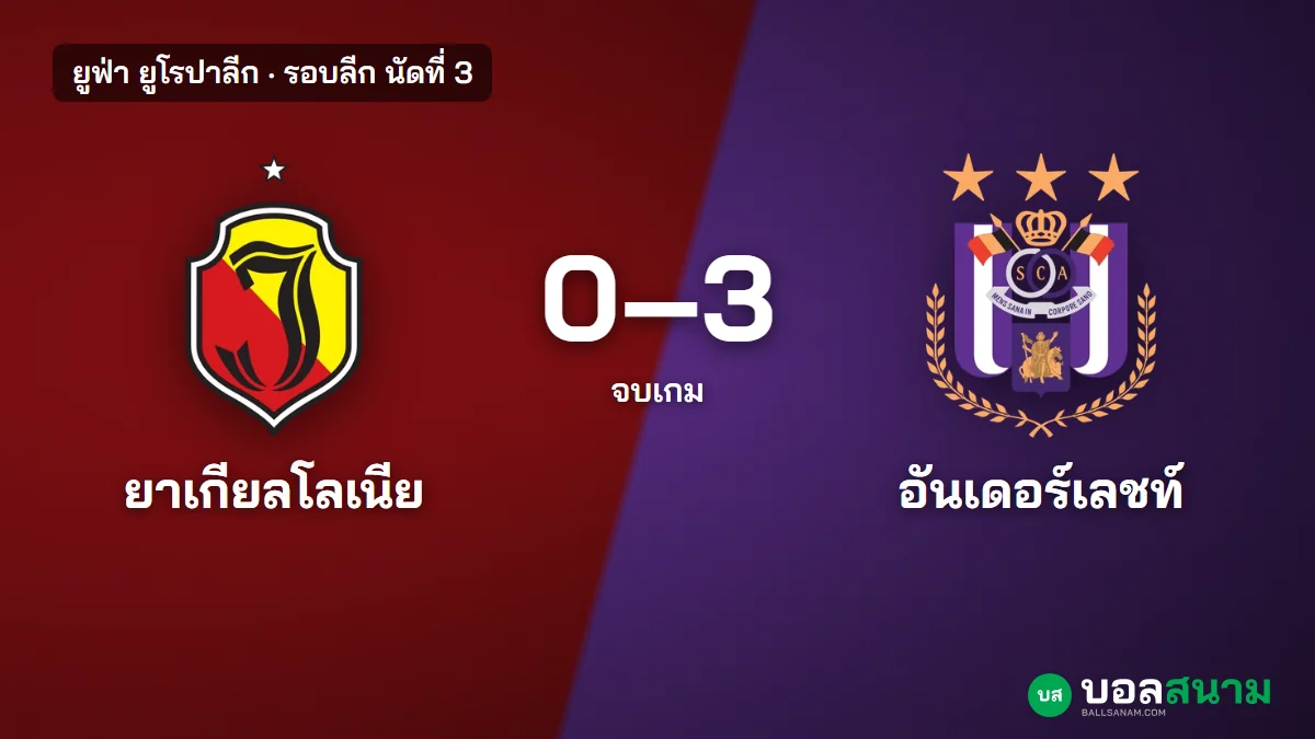 ภาพประกอบ: ยาเกียลโลเนีย 0-3 อันเดอร์เลชท์ ผลบอลยูโรปาลีก อันเดอร์เลชท์ได้แต้มแรก