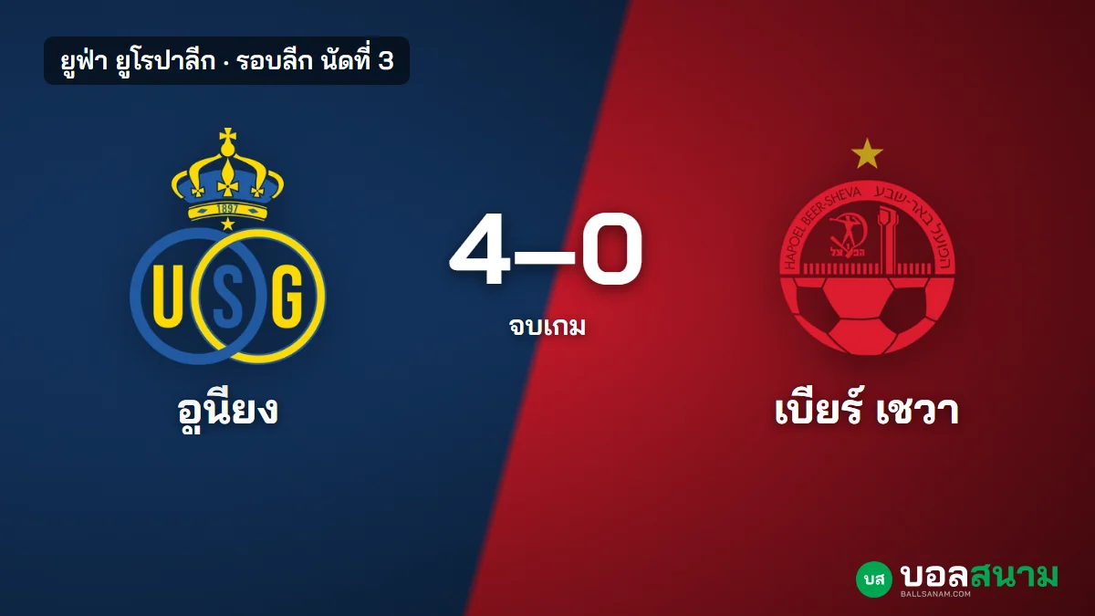 ภาพประกอบ: อูนียง 4-0 เบียร์ เชวา ผลบอลยูโรปาลีก สมิธเบิ้ล อูนียงขึ้น 7 แต้ม