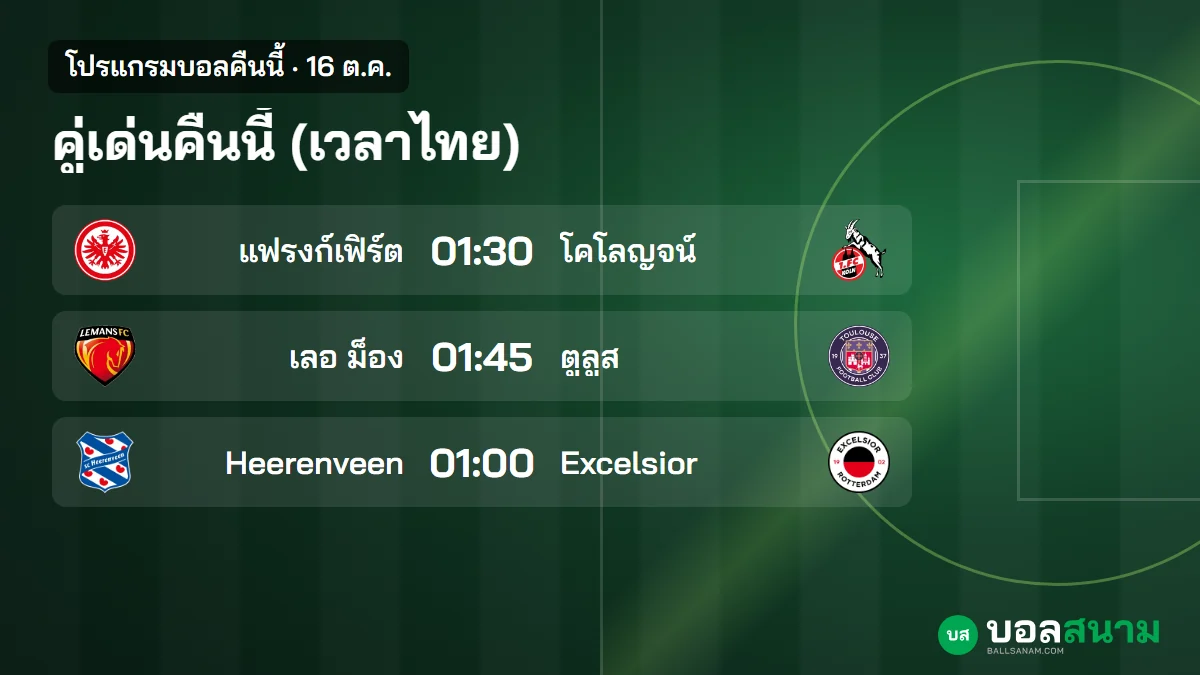ภาพประกอบ: บอลคืนนี้ 16 ต.ค. ตารางบอลเวลาไทย แฟรงก์เฟิร์ตพบโคโลญจน์ เบิร์นลีย์พบวูล์ฟส์