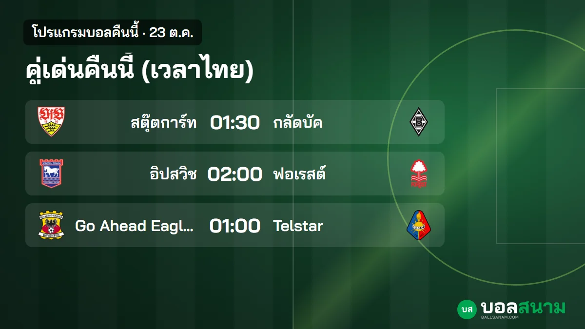 ภาพประกอบ: บอลคืนนี้ 23 ต.ค. ตารางบอลเวลาไทย อิปสวิชพบฟอเรสต์ สตุ๊ตการ์ทพบกลัดบัค